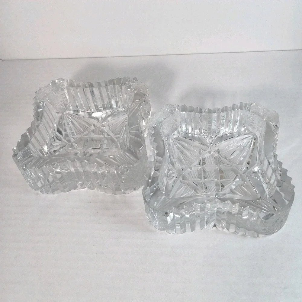Set of 2 VTG Cigar Ashtray Cut Crystal Glass Tobacciana Heavy Diamond Sawtooth